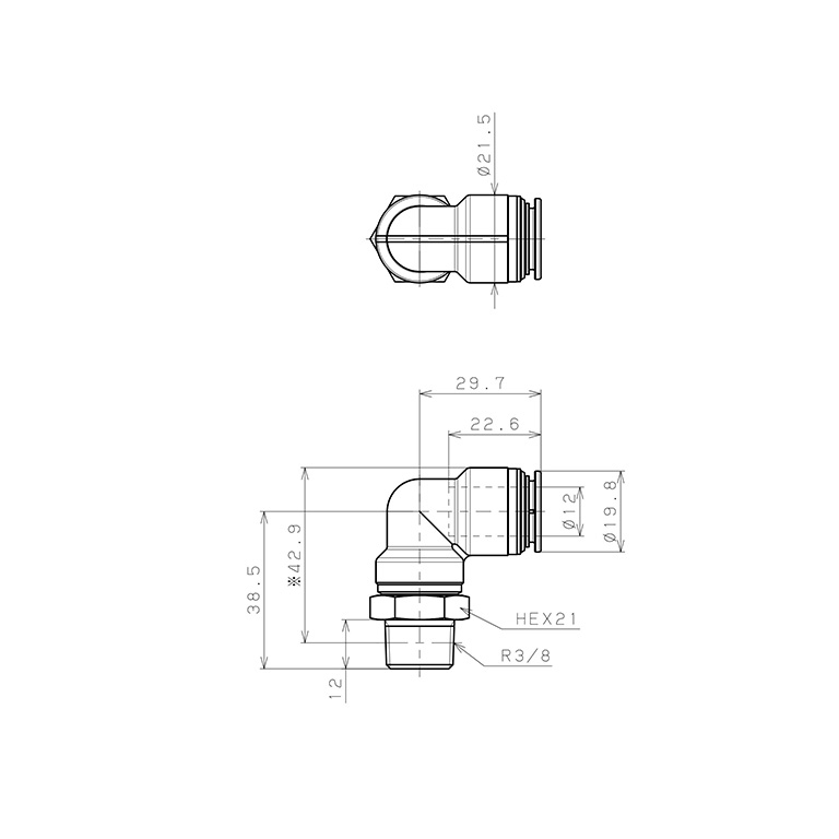 Đầu Nối Nhanh Khí Nén Dạng Cong 90° Ren Ngoài Pisco KL12-03-1_drawing