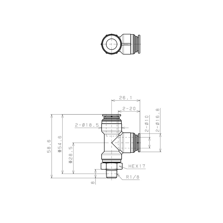 Đầu Nối Nhanh Khí Nén Dạng Chữ T Ren Ngoài Pisco KD10-01-1_drawing