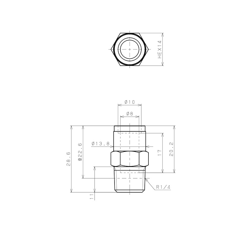 Đầu Nối Nhanh Khí Nén Dạng Thẳng Thân Lục Giác Ren Ngoài Pisco KC8-02-F_drawing