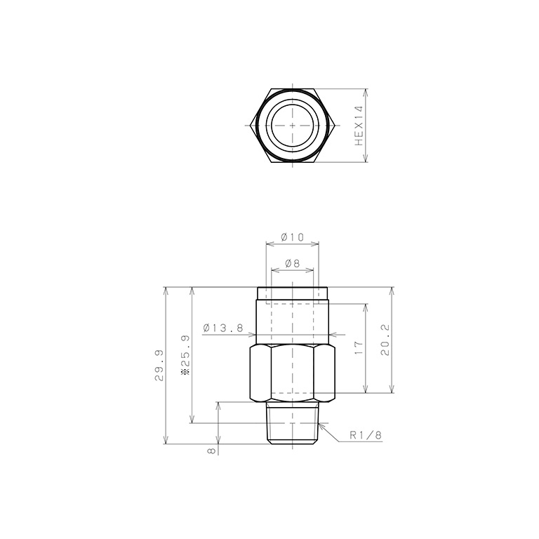 Đầu Nối Nhanh Khí Nén Dạng Thẳng Thân Lục Giác Ren Ngoài Pisco KC8-01_drawing