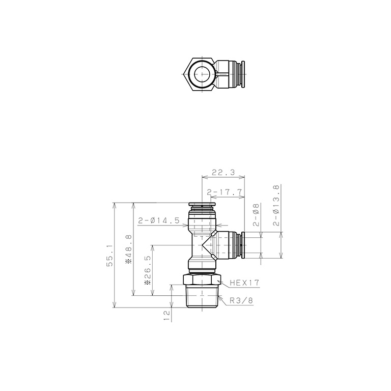 Đầu Nối Nhanh Khí Nén Dạng Chữ T Ren Ngoài Pisco KD8-03-1_drawing