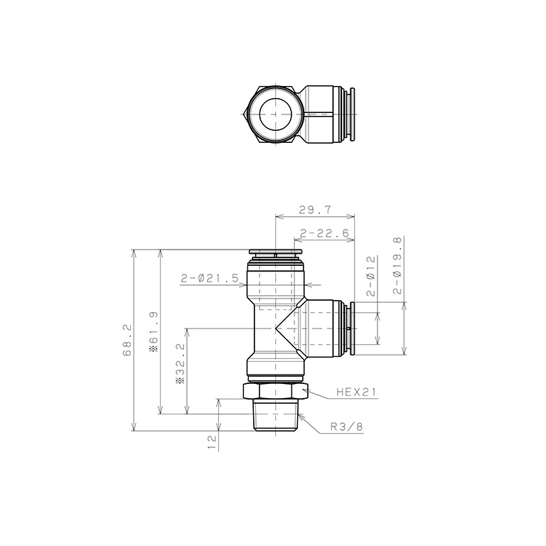 Đầu Nối Nhanh Khí Nén Dạng Chữ T Ren Ngoài Pisco KD12-03-1_drawing