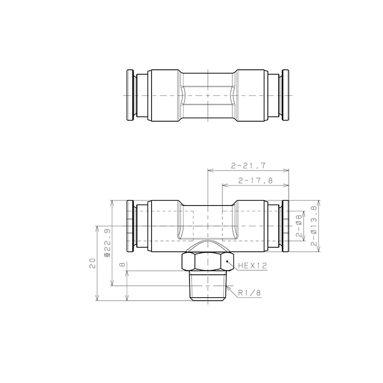 Đầu Nối Nhanh Khí Nén Dạng Chữ T Ren Ngoài Pisco SSPB8-01-X-TP_drawing