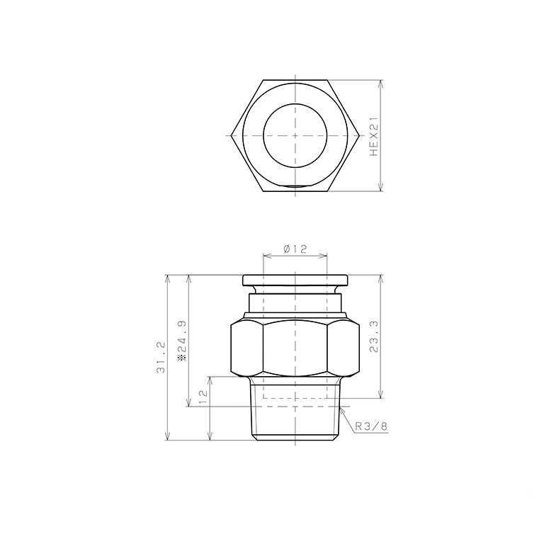 Đầu Nối Nhanh Khí Nén Dạng Thẳng Thân Lục Giác Ren Ngoài Pisco SSPC12-03-TP_drawing