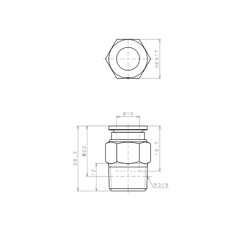 Đầu Nối Nhanh Khí Nén Dạng Thẳng Thân Lục Giác Ren Ngoài Pisco SSPC10-03-C_drawing