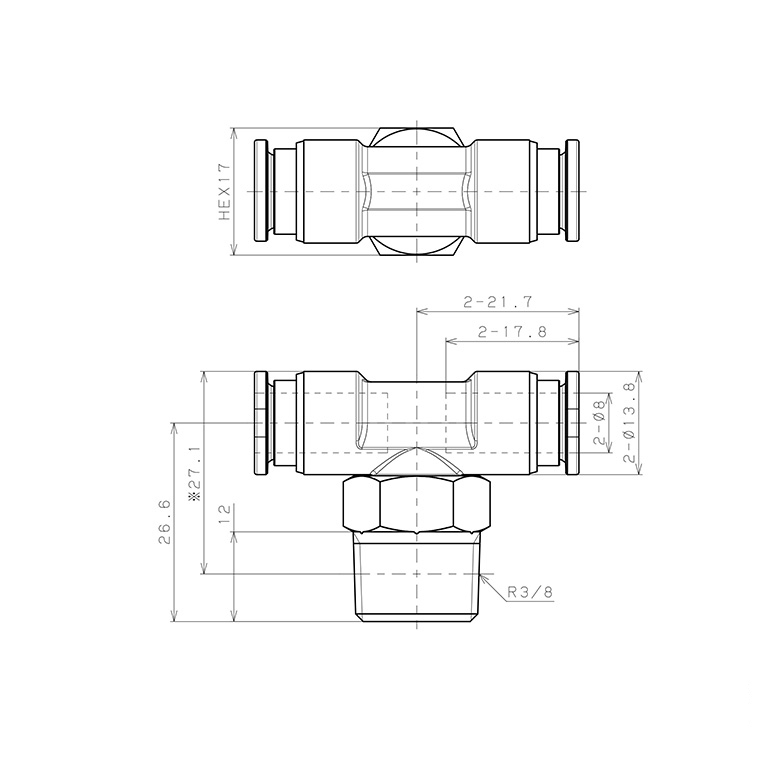 Đầu Nối Nhanh Khí Nén Dạng Chữ T Ren Ngoài Pisco SSPB8-03-X-TP-C_drawing