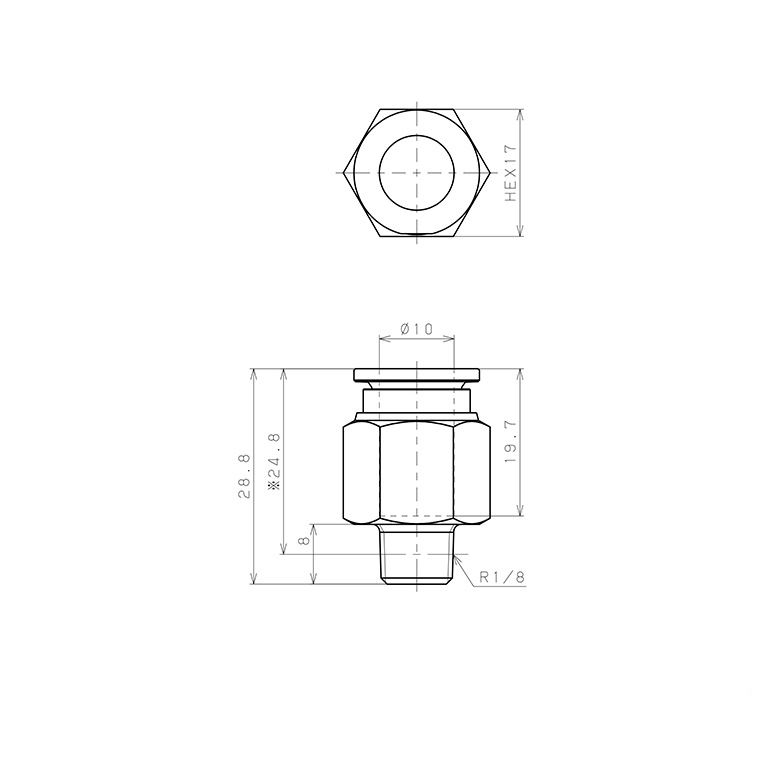 Đầu Nối Nhanh Khí Nén Dạng Thẳng Thân Lục Giác Ren Ngoài Pisco SSPC10-01-X-C_drawing