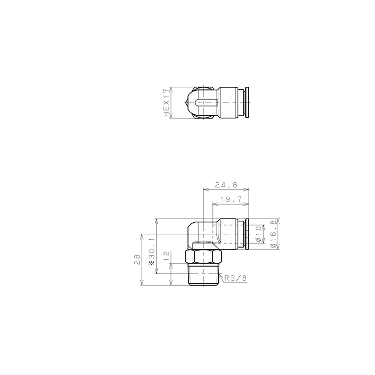 Đầu Nối Nhanh Khí Nén Dạng Cong 90° Ren Ngoài Pisco SSPL10-03-X-TP_drawing