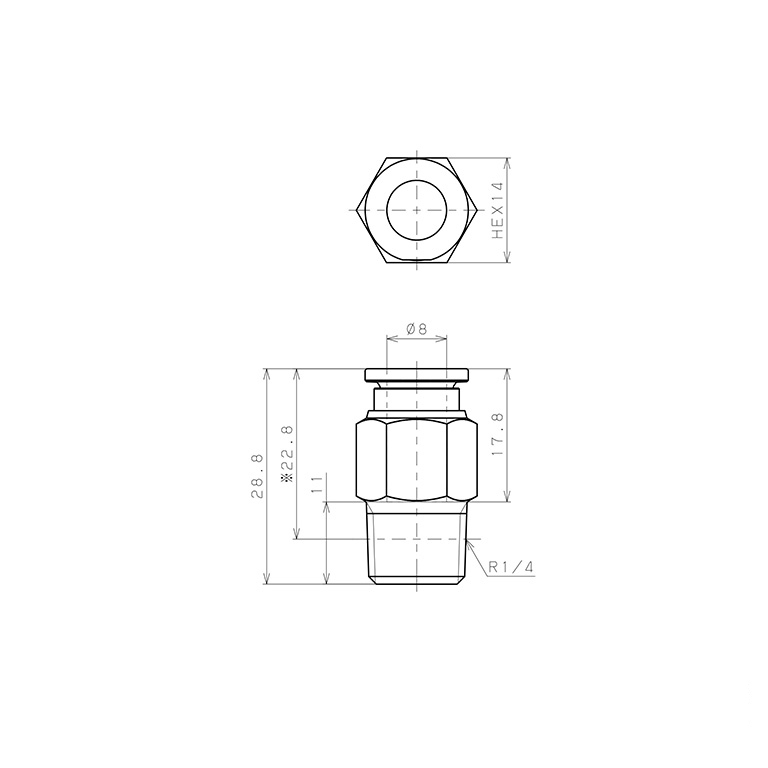 Đầu Nối Nhanh Khí Nén Dạng Thẳng Thân Lục Giác Ren Ngoài Pisco SSPC8-02-X-TP_drawing