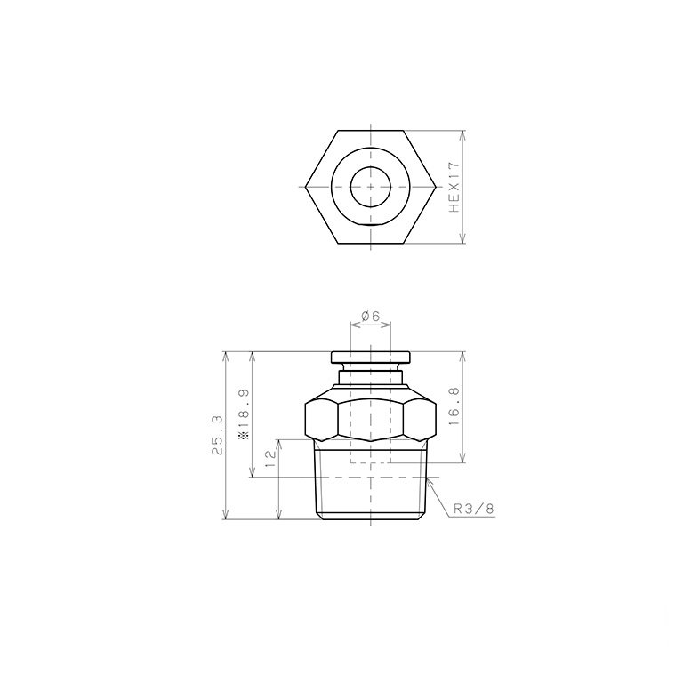 Đầu Nối Nhanh Khí Nén Dạng Thẳng Thân Lục Giác Ren Ngoài Pisco SSPC6-03-X-TP-C_drawing