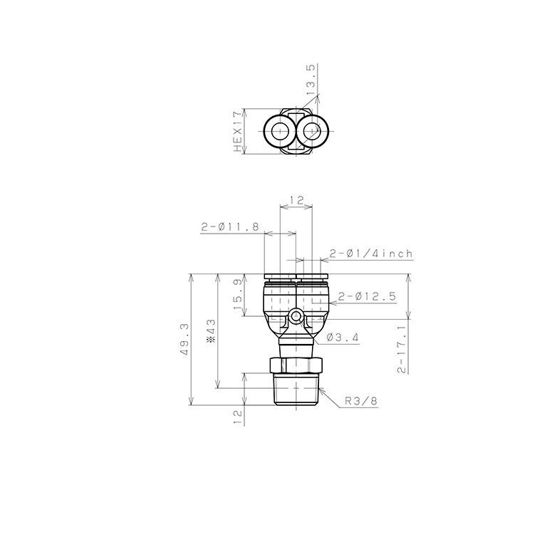 Đầu Nối Nhanh Khí Nén Dạng Chữ Y Ren Ngoài Pisco PPX1/4-03-F_drawing