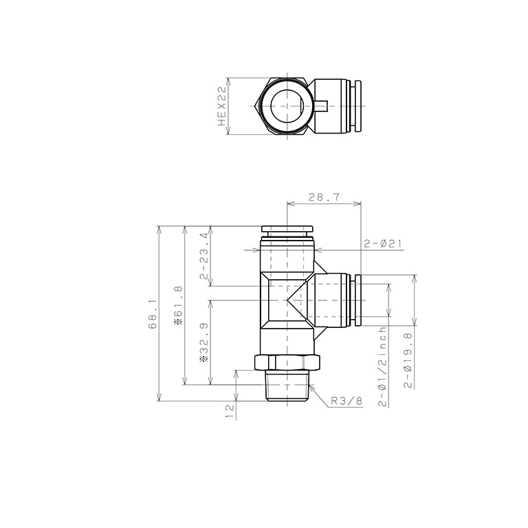 Đầu Nối Nhanh Khí Nén Dạng Chữ T Ren Ngoài Pisco PPD1/2-03-F_drawing