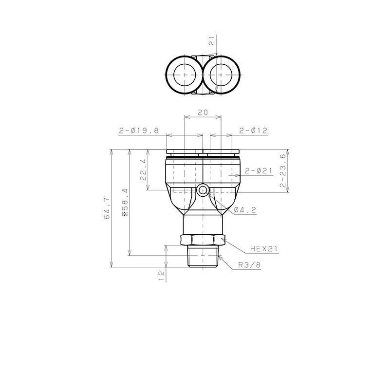 Đầu Nối Nhanh Khí Nén Dạng Chữ Y Ren Ngoài Pisco PPX12-03SUS-C_drawing