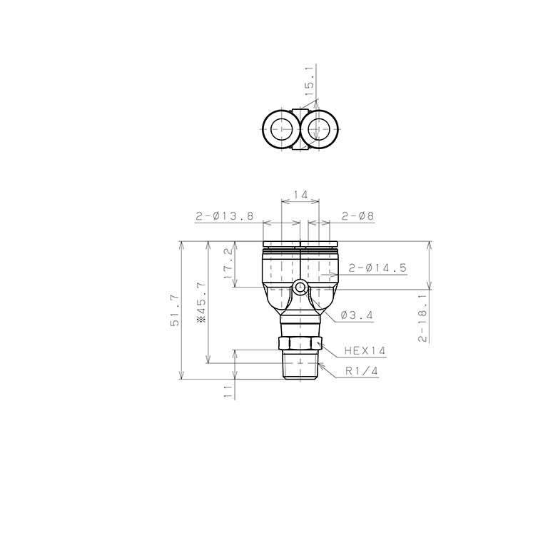 Đầu Nối Nhanh Khí Nén Dạng Chữ Y Ren Ngoài Pisco PPX8-02SUS-TP_drawing