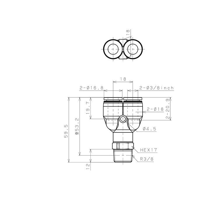 Đầu Nối Nhanh Khí Nén Dạng Chữ Y Ren Ngoài Pisco PPX3/8-03_drawing