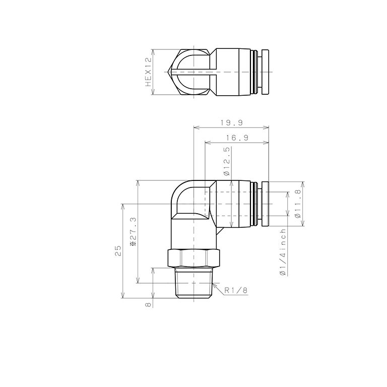 Đầu Nối Nhanh Khí Nén Dạng Cong 90° Ren Ngoài Pisco PPL1/4-01-TP_drawing