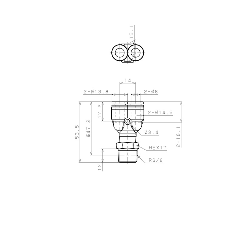 Đầu Nối Nhanh Khí Nén Dạng Chữ Y Ren Ngoài Pisco PPX8-03SUS-TP_drawing
