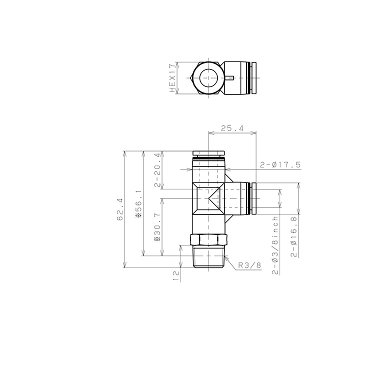 Đầu Nối Nhanh Khí Nén Dạng Chữ T Ren Ngoài Pisco PPD3/8-03SUS_drawing