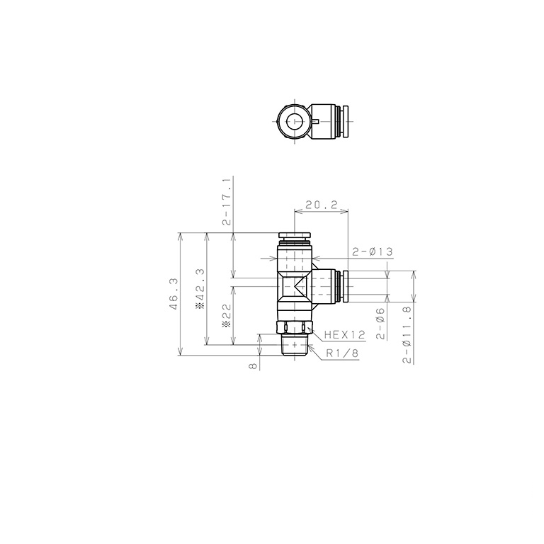 Đầu Nối Nhanh Khí Nén Dạng Chữ T Ren Ngoài Pisco PPD6-01SUS-S-C_drawing