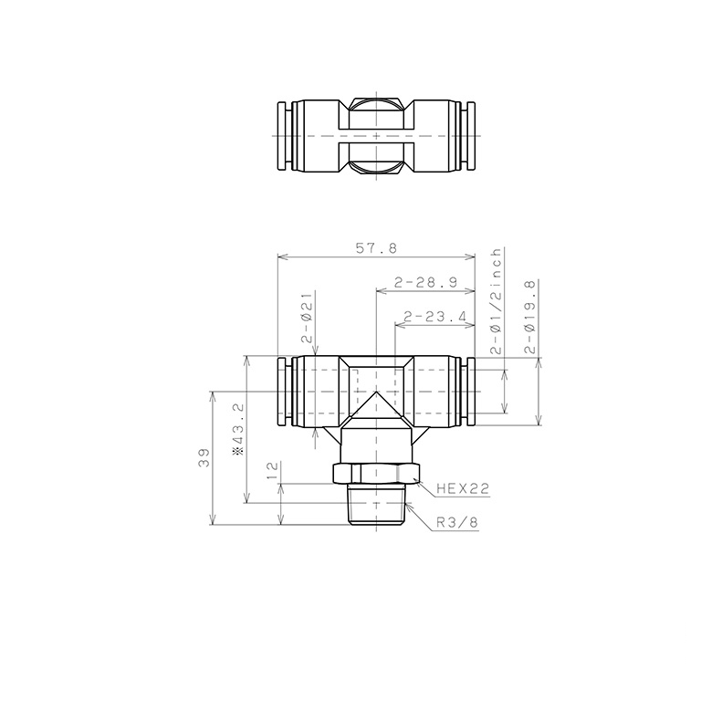 Đầu Nối Nhanh Khí Nén Dạng Chữ T Ren Ngoài Pisco PPB1/2-03_drawing