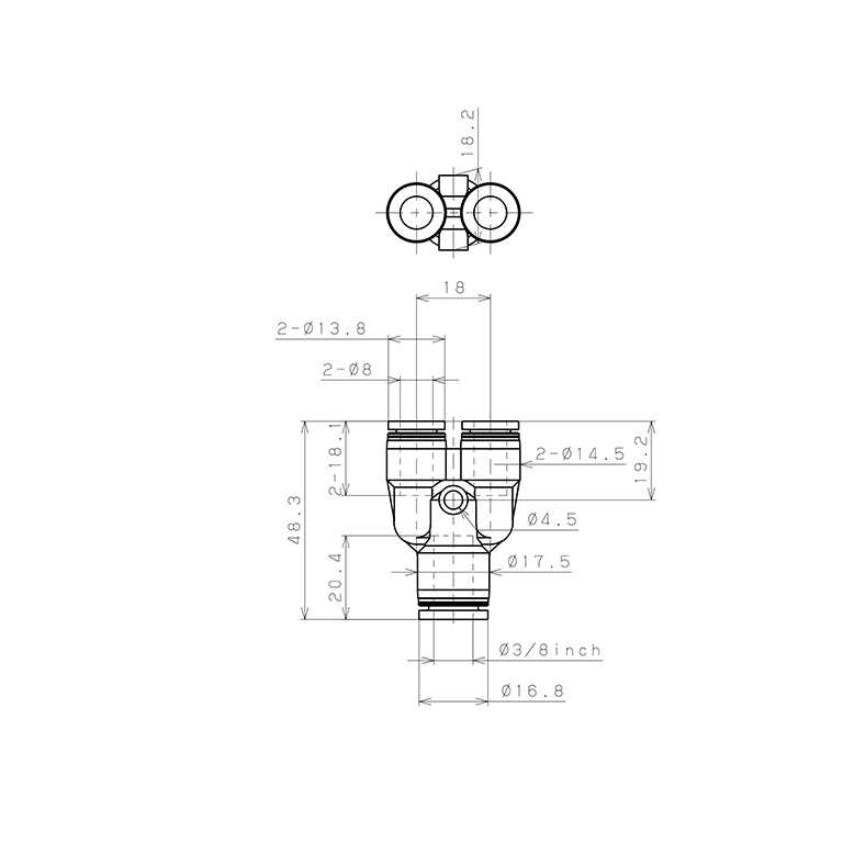 Đầu Nối Nhanh Khí Nén Chữ Y Dạng Nối Giảm Pisco PPW3/8-8_drawing