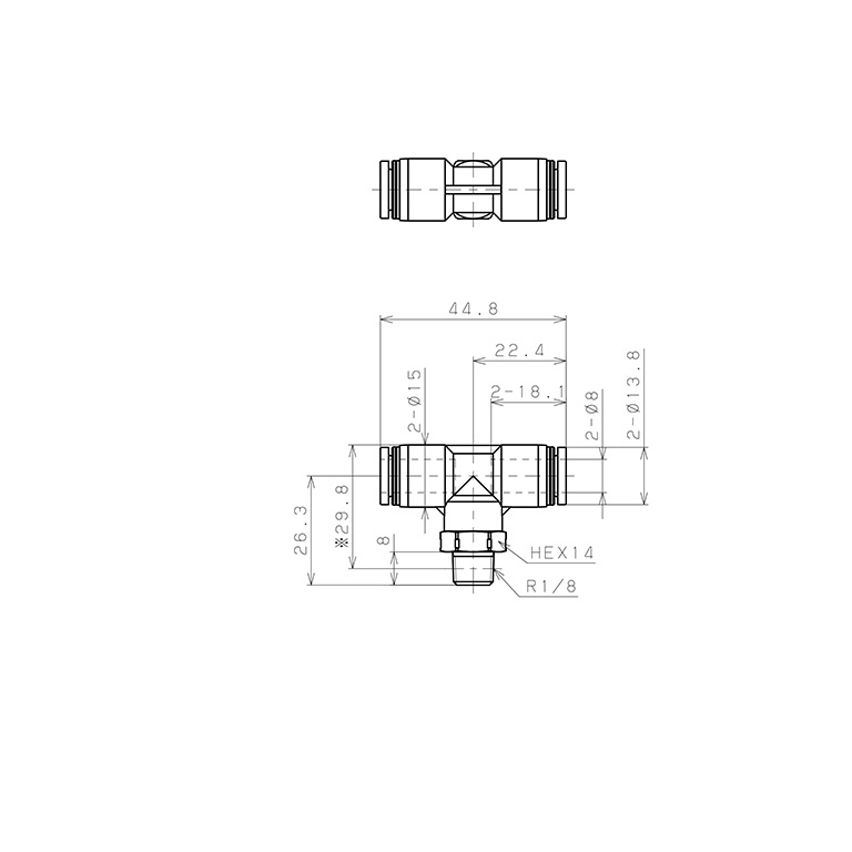 Đầu Nối Nhanh Khí Nén Dạng Chữ T Ren Ngoài Pisco PPB8-01SUS-S_drawing