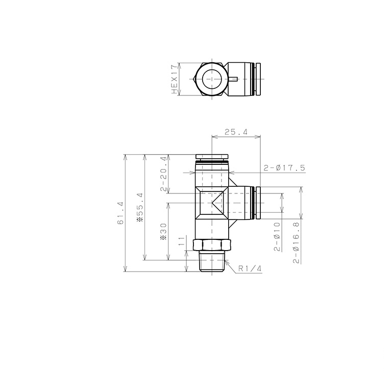 Đầu Nối Nhanh Khí Nén Dạng Chữ T Ren Ngoài Pisco PPD10-02SUS-S-C_drawing