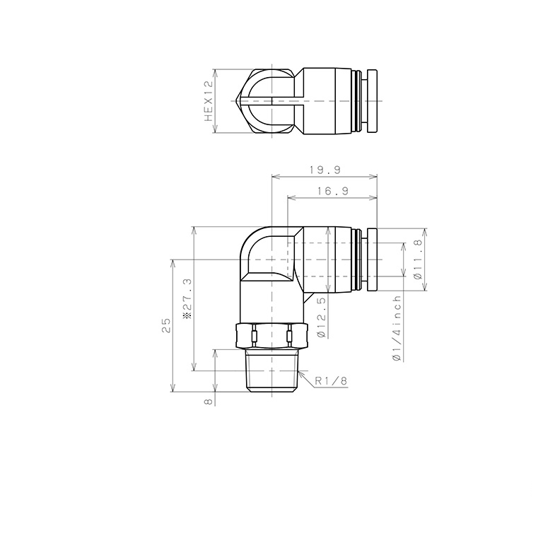 Đầu Nối Nhanh Khí Nén Dạng Cong 90° Ren Ngoài Pisco PPL1/4-01SUS-HN_drawing