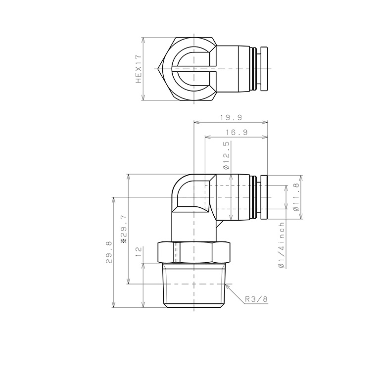 Đầu Nối Nhanh Khí Nén Dạng Cong 90° Ren Ngoài Pisco PPL1/4-03_drawing