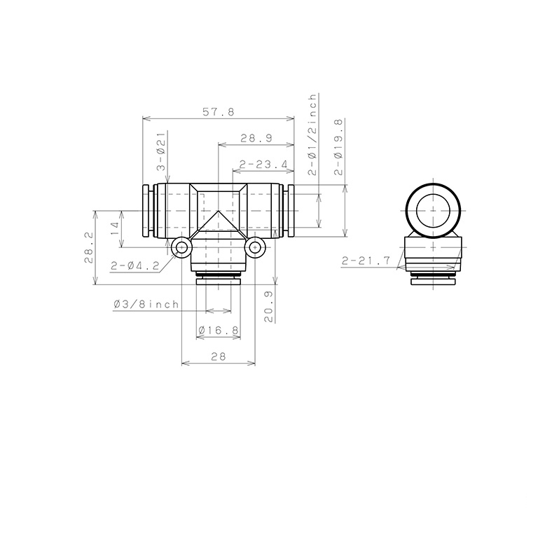 Đầu Nối Nhanh Khí Nén Chữ T Dạng Nối Giảm Pisco PPEG1/2-3/8-F_drawing