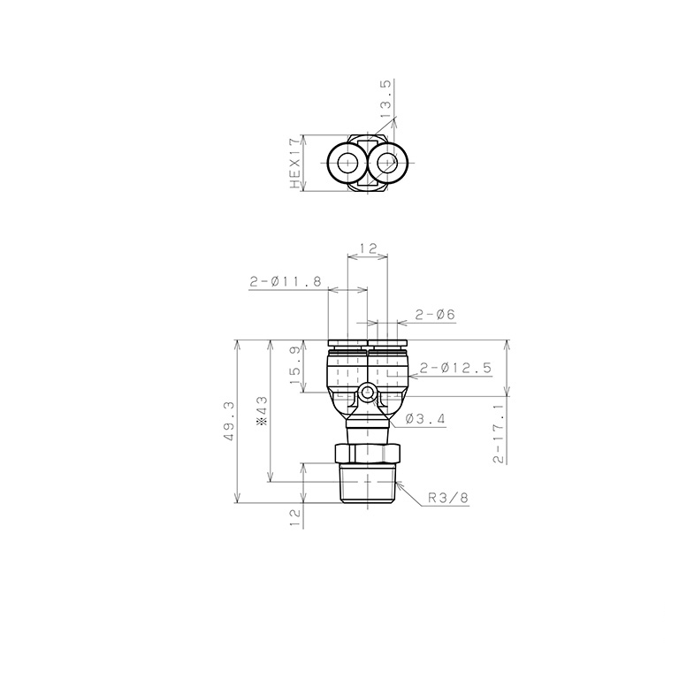 Đầu Nối Nhanh Khí Nén Dạng Chữ Y Ren Ngoài Pisco PPX6-03_drawing