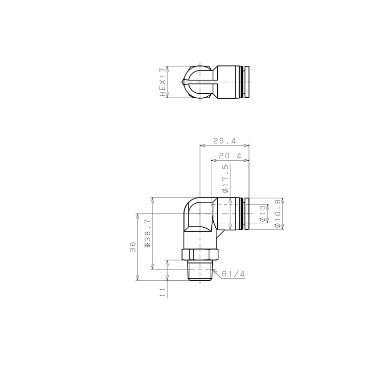 Đầu Nối Nhanh Khí Nén Dạng Cong 90° Ren Ngoài Pisco PPL10-02-UC_drawing