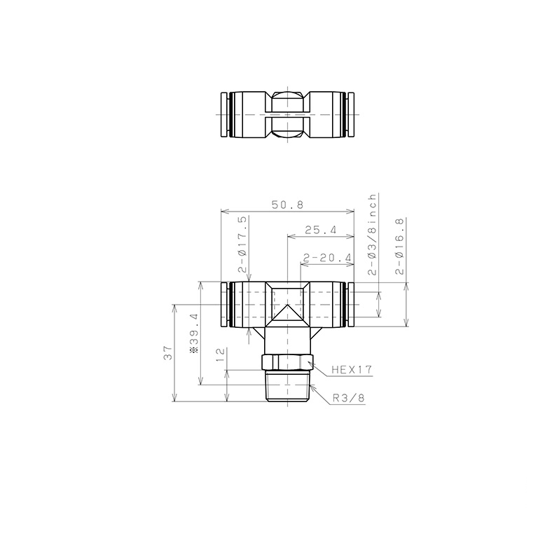 Đầu Nối Nhanh Khí Nén Dạng Chữ T Ren Ngoài Pisco PPB3/8-03_drawing