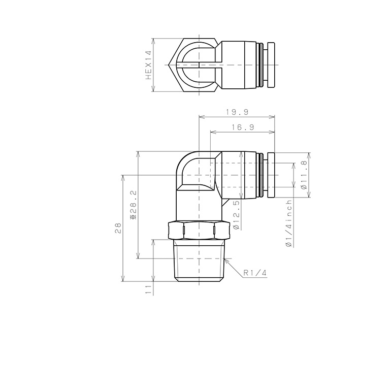 Đầu Nối Nhanh Khí Nén Dạng Cong 90° Ren Ngoài Pisco PPL1/4-02SUS-F_drawing