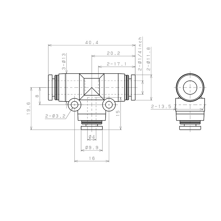 Đầu Nối Nhanh Khí Nén Chữ T Dạng Nối Giảm Pisco PPEG1/4-4_drawing