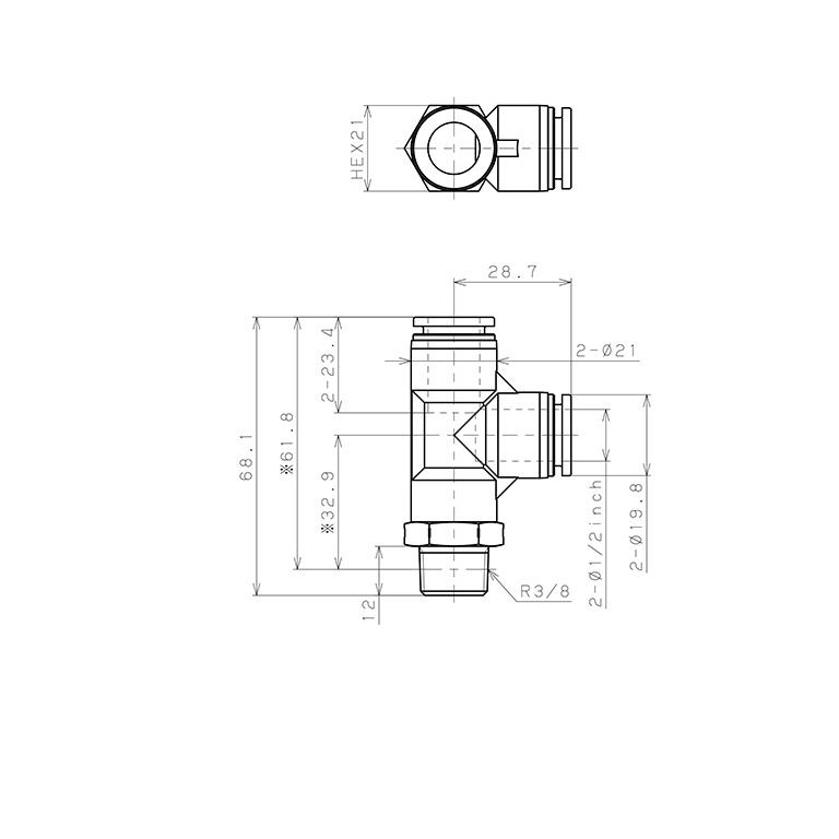 Đầu Nối Nhanh Khí Nén Dạng Chữ T Ren Ngoài Pisco PPD1/2-03SUS_drawing