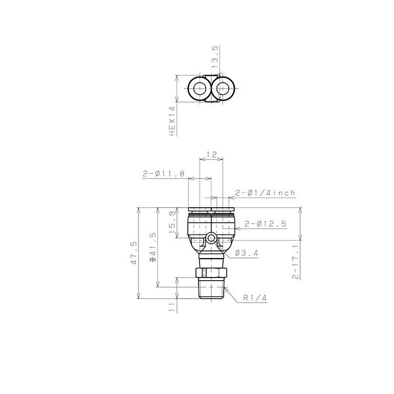Đầu Nối Nhanh Khí Nén Dạng Chữ Y Ren Ngoài Pisco PPX1/4-02_drawing