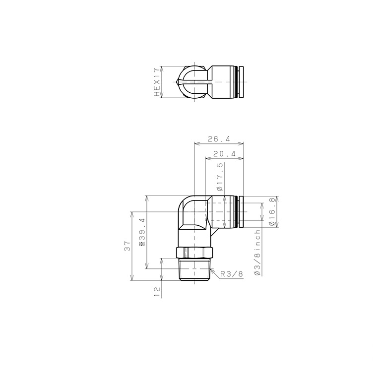 Đầu Nối Nhanh Khí Nén Dạng Cong 90° Ren Ngoài Pisco PPL3/8-03-TP_drawing