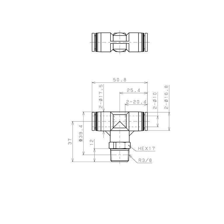 Đầu Nối Nhanh Khí Nén Dạng Chữ T Ren Ngoài Pisco PPB10-03-TP_drawing