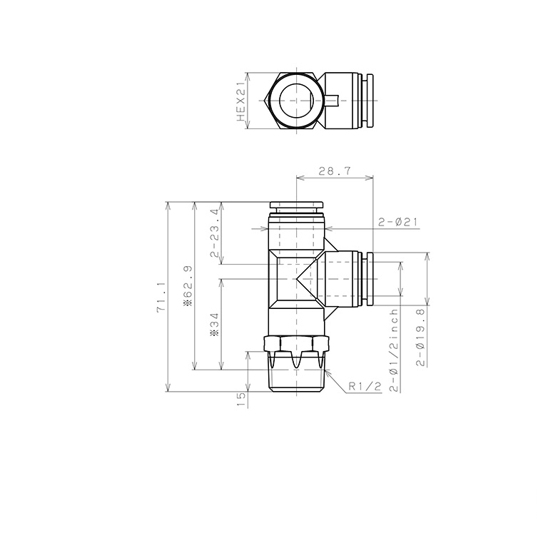 Đầu Nối Nhanh Khí Nén Dạng Chữ T Ren Ngoài Pisco PPD1/2-04SUS_drawing