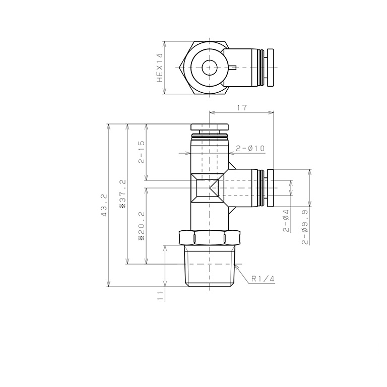 Đầu Nối Nhanh Khí Nén Dạng Chữ T Ren Ngoài Pisco PPD4-02SUS_drawing