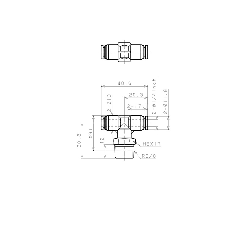 Đầu Nối Nhanh Khí Nén Dạng Chữ T Ren Ngoài Pisco PPB1/4-03SUS_drawing