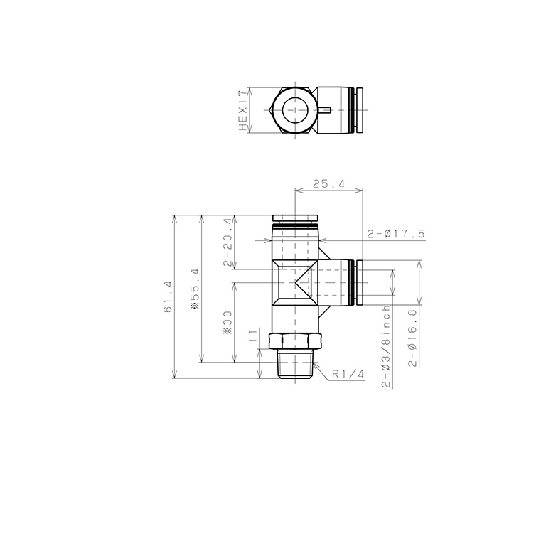 Đầu Nối Nhanh Khí Nén Dạng Chữ T Ren Ngoài Pisco PPD3/8-02SUS_drawing