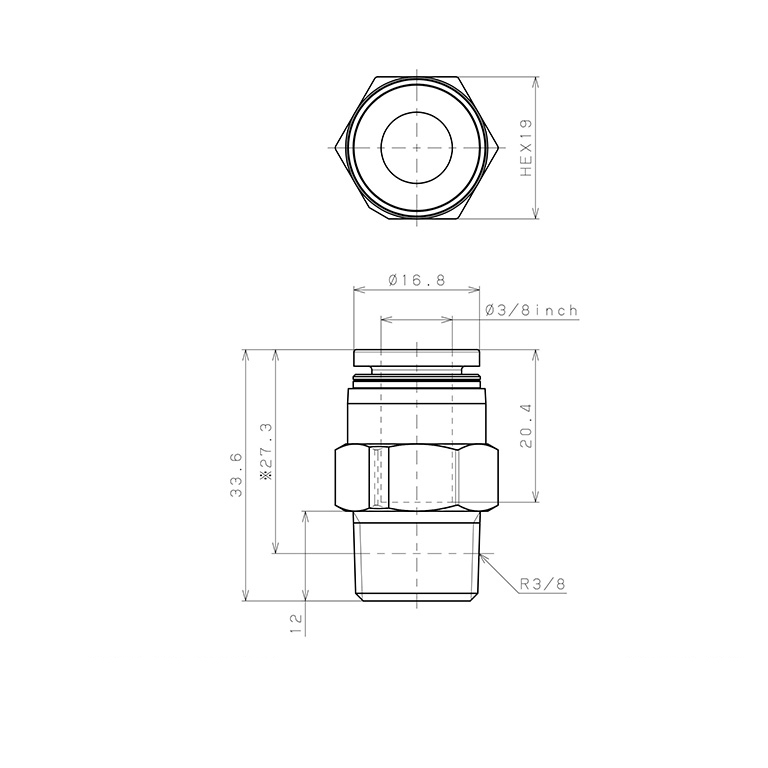 Đầu Nối Nhanh Khí Nén Dạng Thẳng Thân Lục Giác Ren Ngoài Pisco PPC3/8-03-HN_drawing
