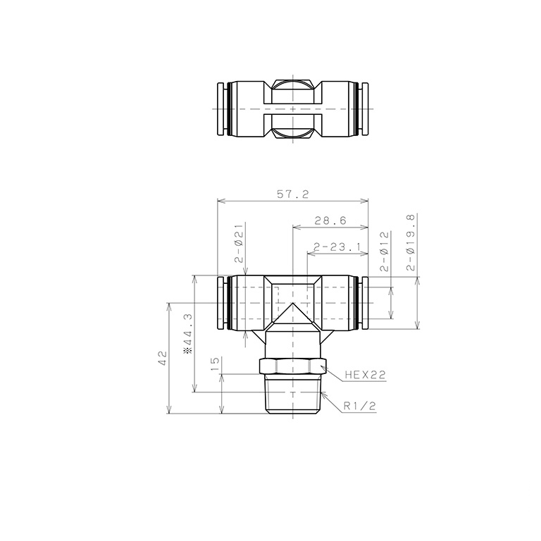 Đầu Nối Nhanh Khí Nén Dạng Chữ T Ren Ngoài Pisco PPB12-04-TP_drawing