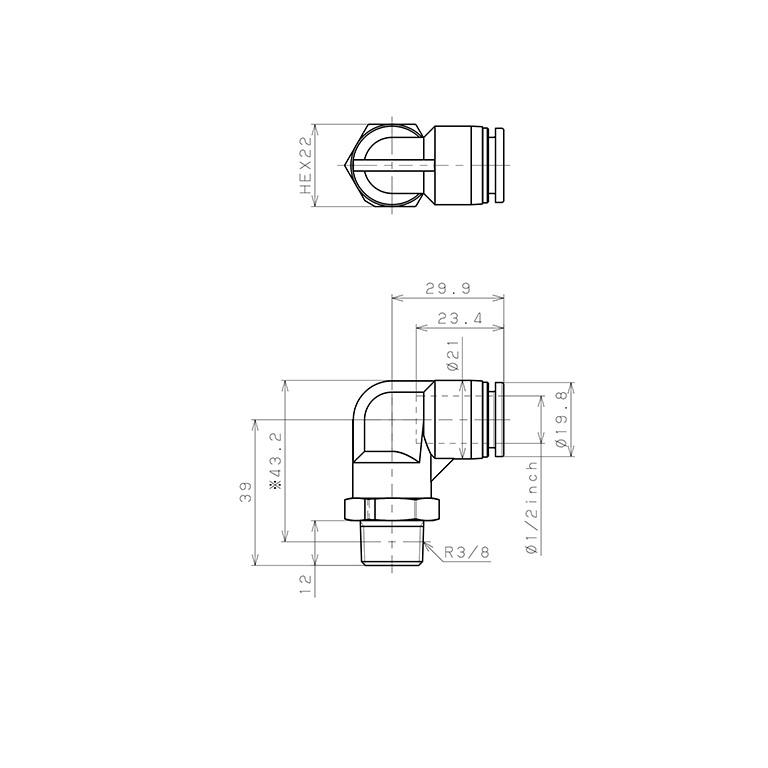 Đầu Nối Nhanh Khí Nén Dạng Cong 90° Ren Ngoài Pisco PPL1/2-03-TP_drawing