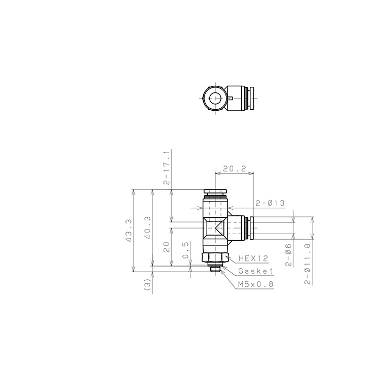 Đầu Nối Nhanh Khí Nén Dạng Chữ T Ren Ngoài Pisco PPD6-M5SUS_drawing