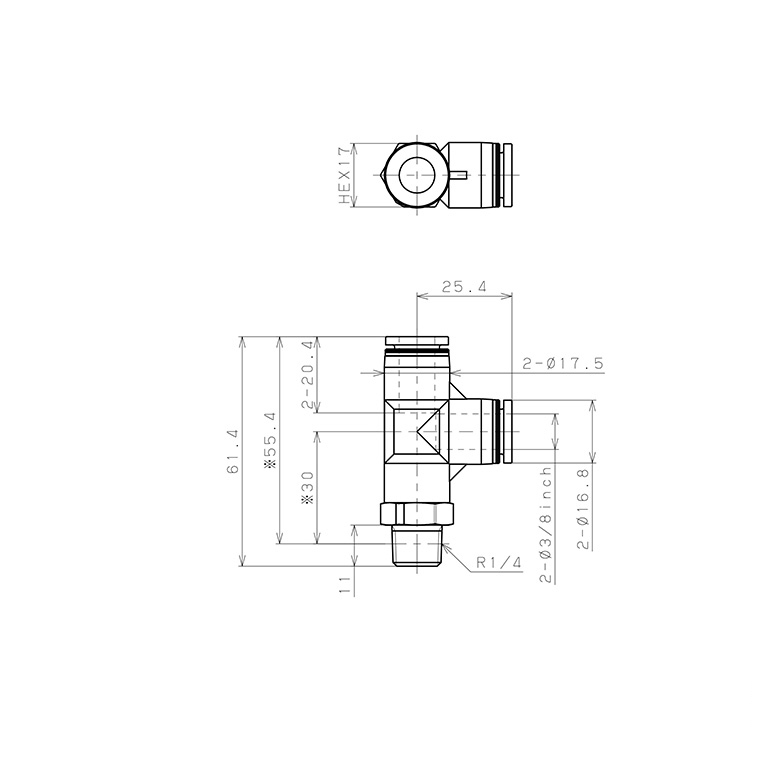 Đầu Nối Nhanh Khí Nén Dạng Chữ T Ren Ngoài Pisco PPD3/8-02-HN_drawing