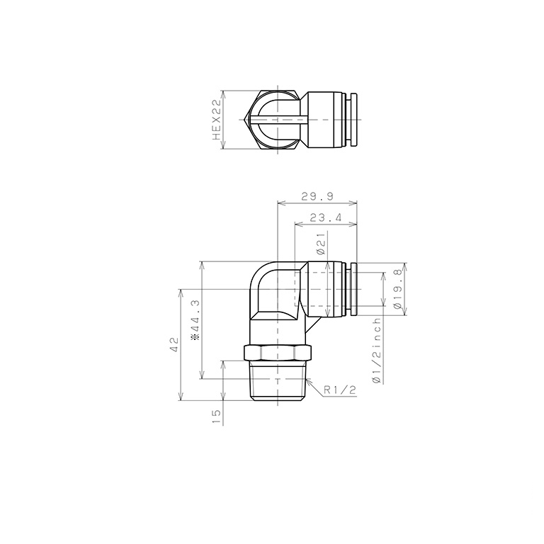 Đầu Nối Nhanh Khí Nén Dạng Cong 90° Ren Ngoài Pisco PPL1/2-04-TP_drawing