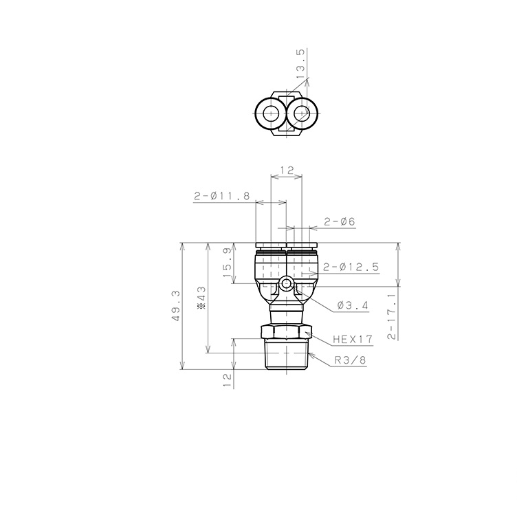 Đầu Nối Nhanh Khí Nén Dạng Chữ Y Ren Ngoài Pisco PPX6-03SUS-C_drawing